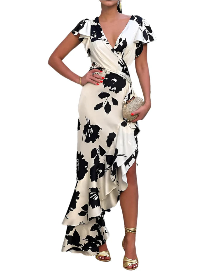 Marcy - Bedrucktes Kleid mit V-Ausschnitt und Rüschärmeln