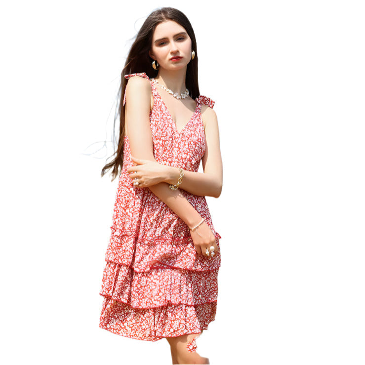 Sharon - Französisches Blumenkleid mit Schlaufen-V-Ausschnitt