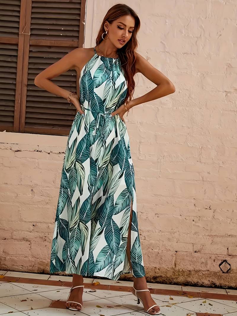 Esther - Vestido de playa con tirantes al cuello y estampado de hojas