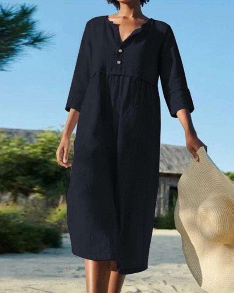 Sarah - Elegante Halblange Ärmel und Plissiertes Midikleid