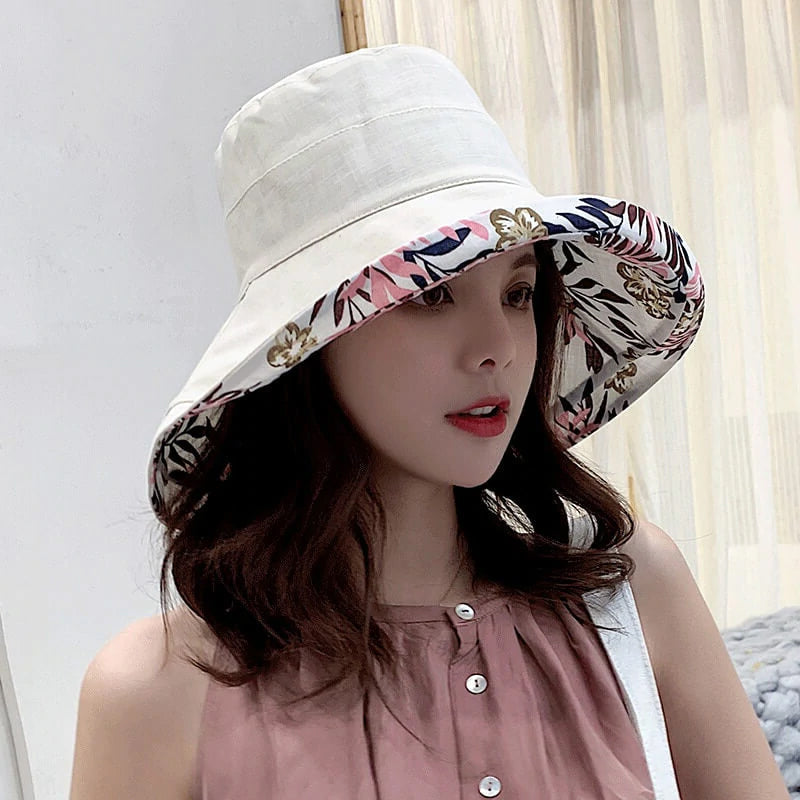 Sombrero de verano de algodón con ala ancha y estampado de flores