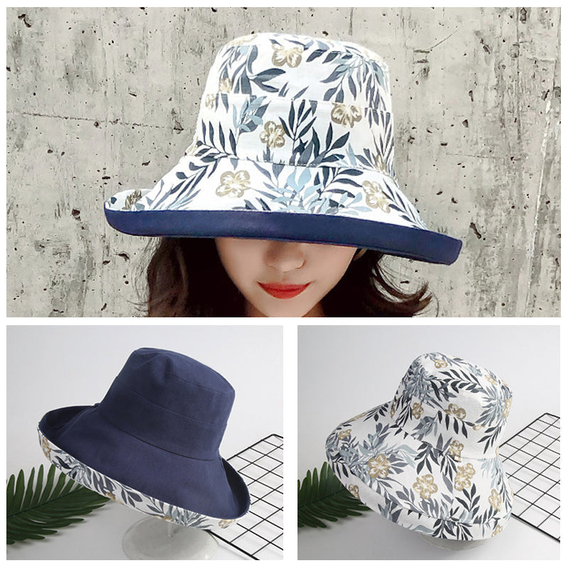 Sombrero de verano de algodón con ala ancha y estampado de flores