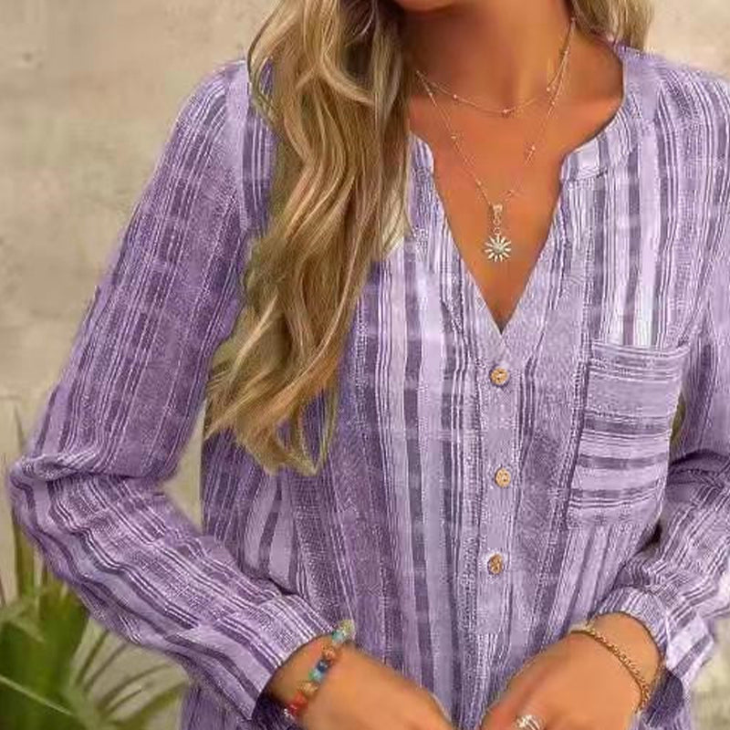 Belinda - Blusa de verano a rayas con escote en V y mangas largas