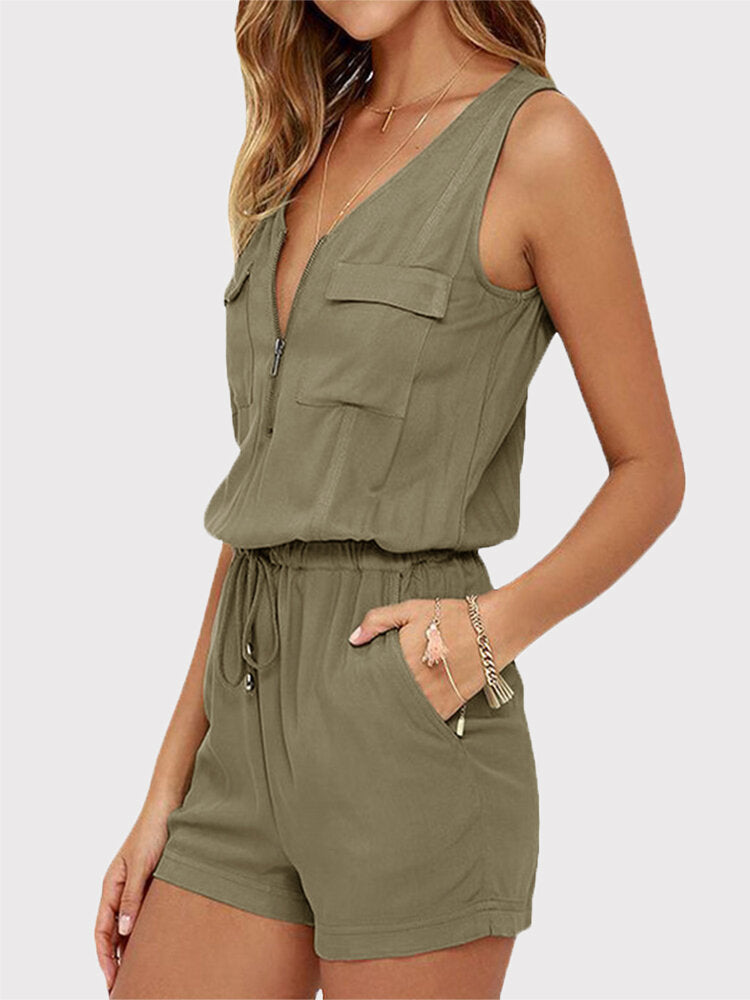 Rhian - Lässiges V-Ausschnitt ärmelloses Set mit Frontreißverschluss und elastischer Taille für draußen