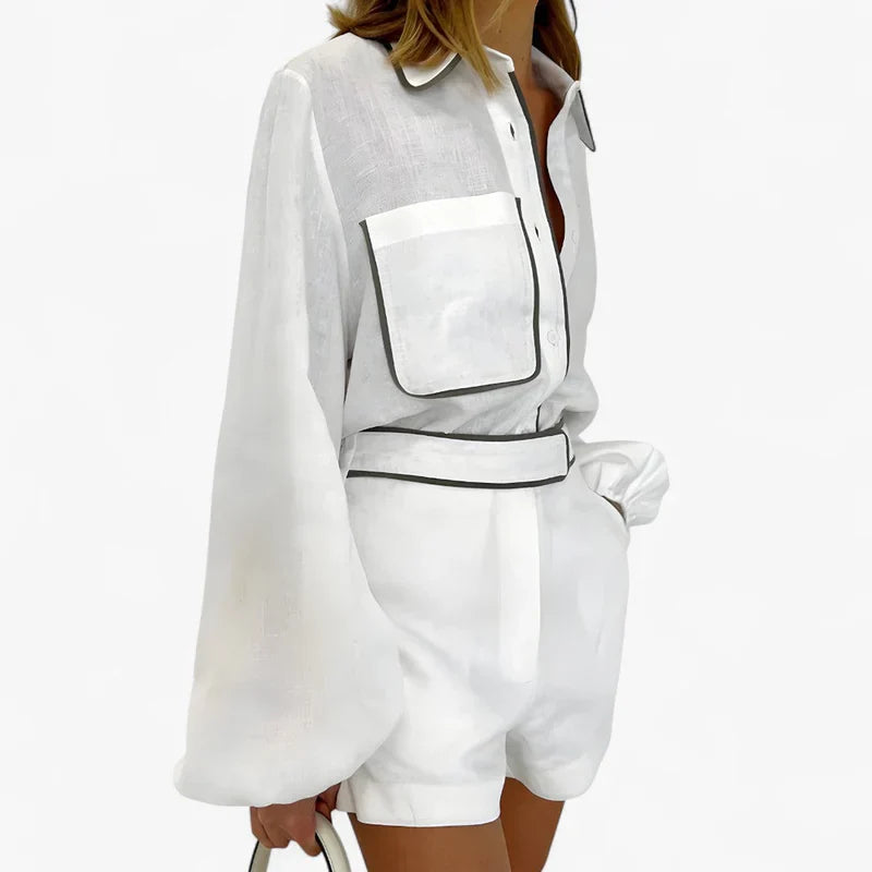 Anna - Conjunto con camisas de manga larga y pantalones cortos en colores contrastantes con bolsillo delantero