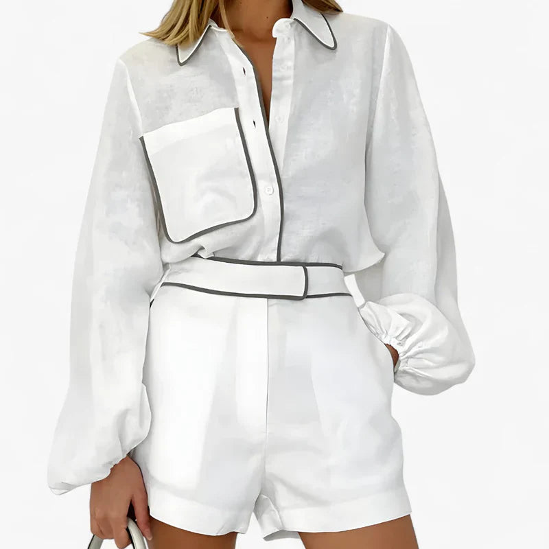 Anna - Conjunto con camisas de manga larga y pantalones cortos en colores contrastantes con bolsillo delantero