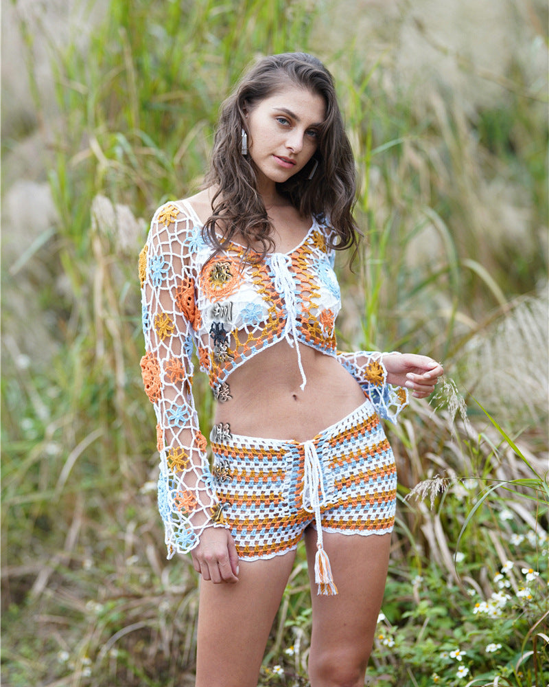 Linda - Stoff handgearbeitet gestricktes gestreiftes Strandoutfit Set