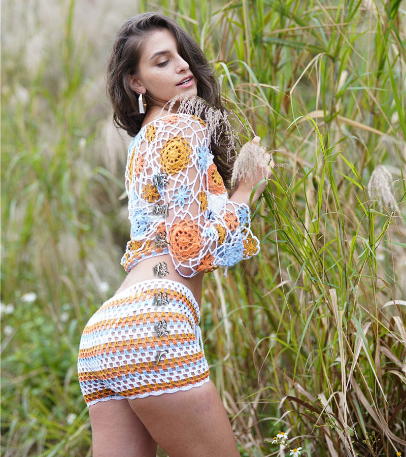 Linda - Stoff handgearbeitet gestricktes gestreiftes Strandoutfit Set