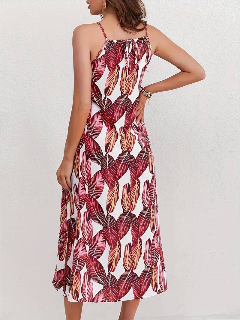 Esther - Vestido de playa con tirantes al cuello y estampado de hojas