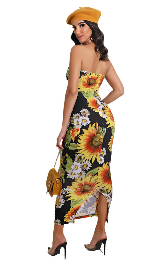 Karen - Legere Sonnenblumen-Print Tube-Ausschnitt Kleid