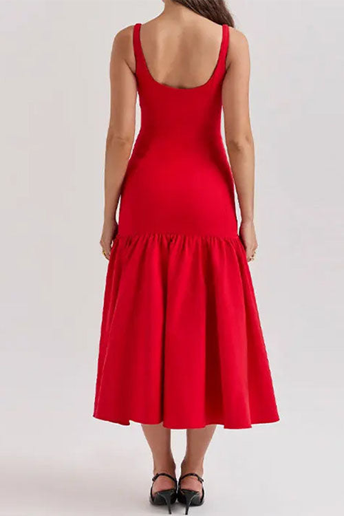 Sienna | Vestido midi bodycon sin mangas con volantes y escote en U