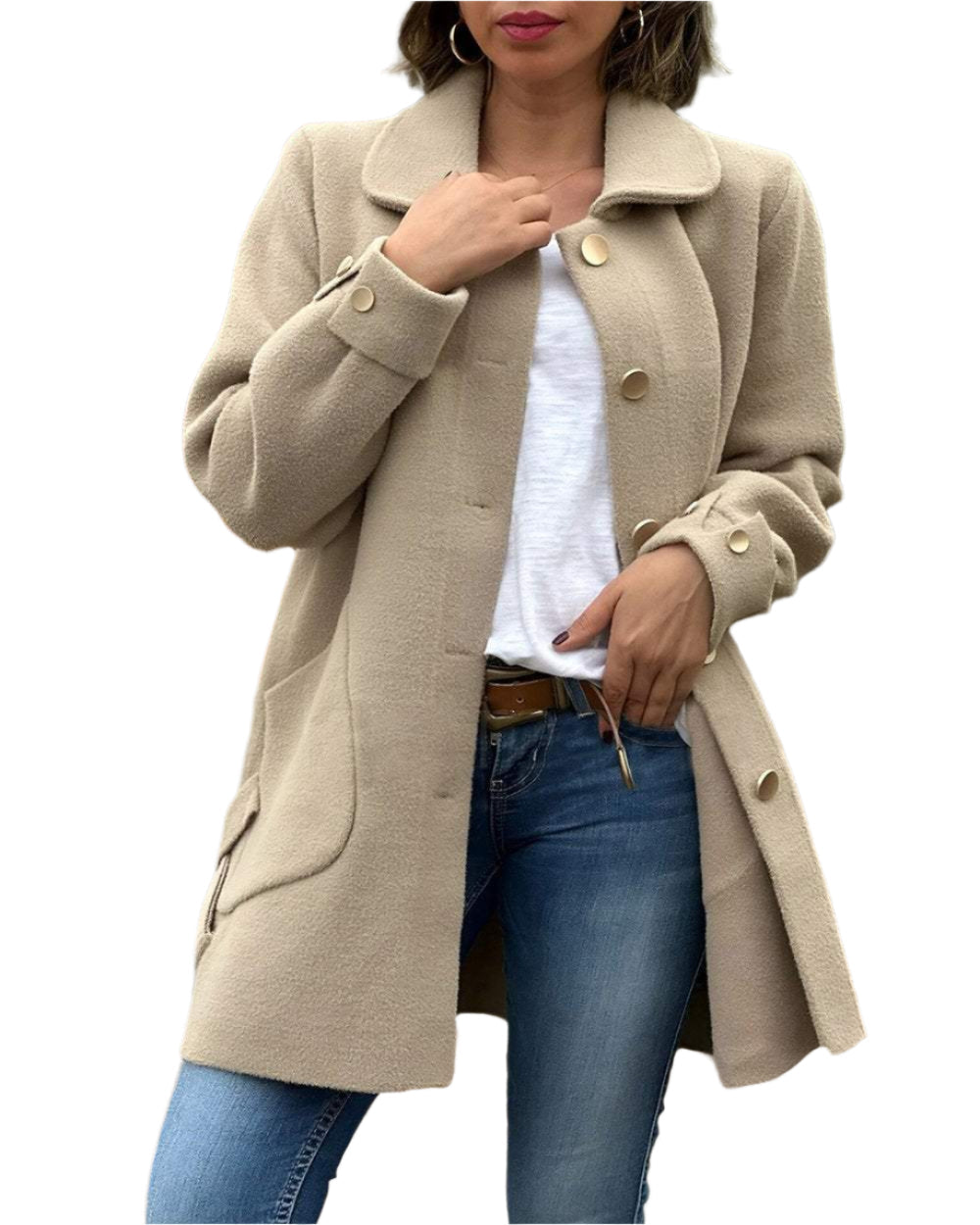 Clara chaqueta larga clásica para mujer con cierre de botones y bolsillos laterales