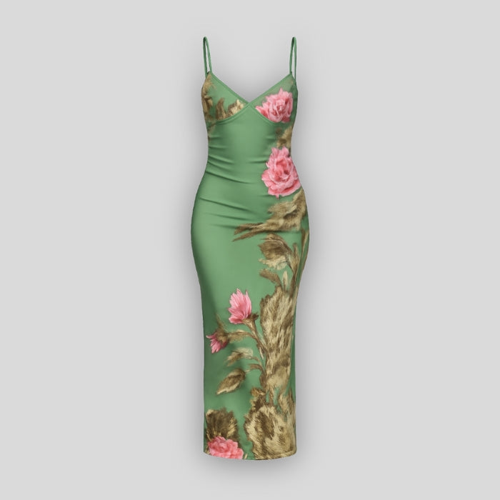 Mathilde Blumenmuster Bodycon Maxikleid mit Spaghettiträgern