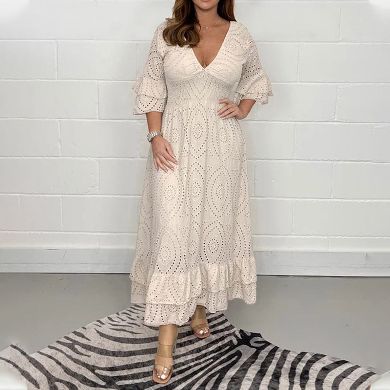 Rebecca - Vestido midi bordado con mangas con volantes