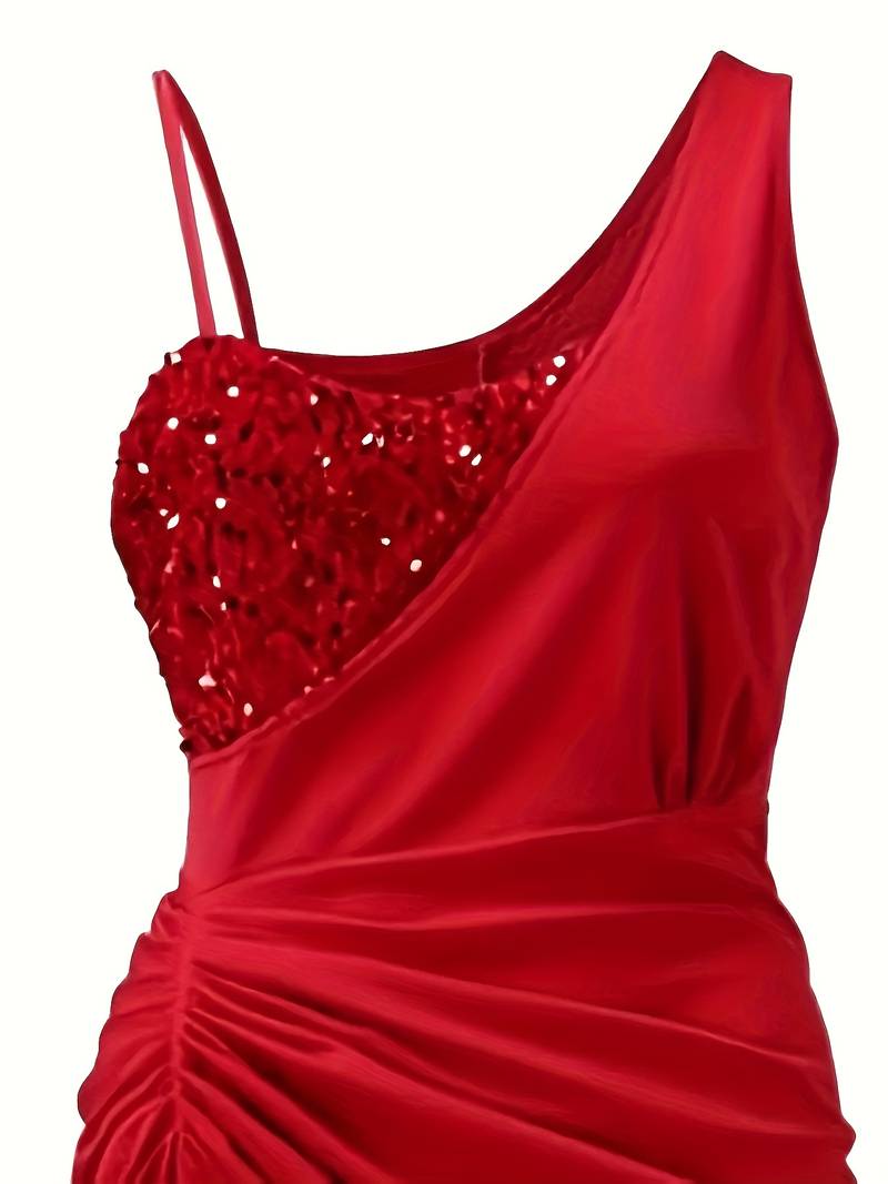 Andrea - Vestido de cóctel asimétrico de un solo hombro con lentejuelas