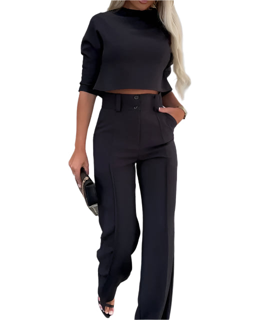 Chloe - Stilfuldt 2-delt sæt med cropped top og bukser med vide ben