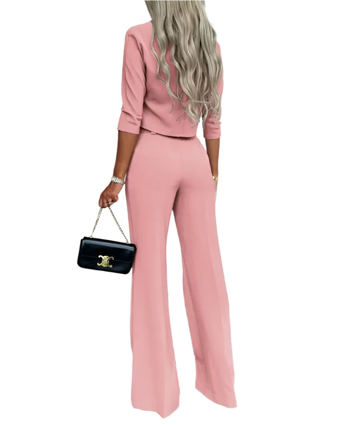 Chloe - Stilfuldt 2-delt sæt med cropped top og bukser med vide ben