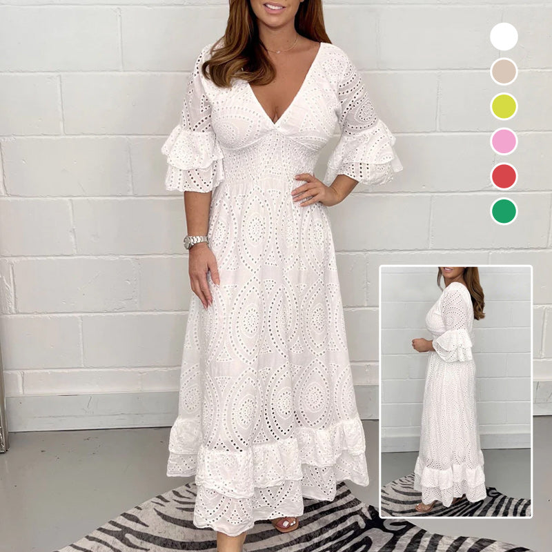 Rebecca - Bestickte Midikleid mit Rüschärmeln