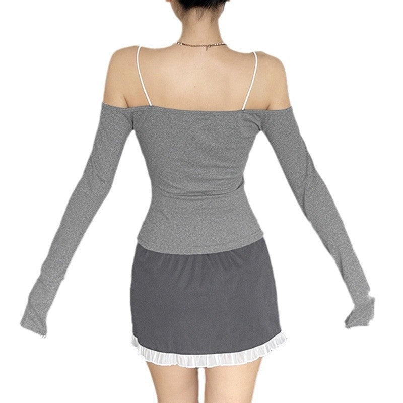 Belle - Conjunto de top con lazo y falda con volantes hombros descubiertos