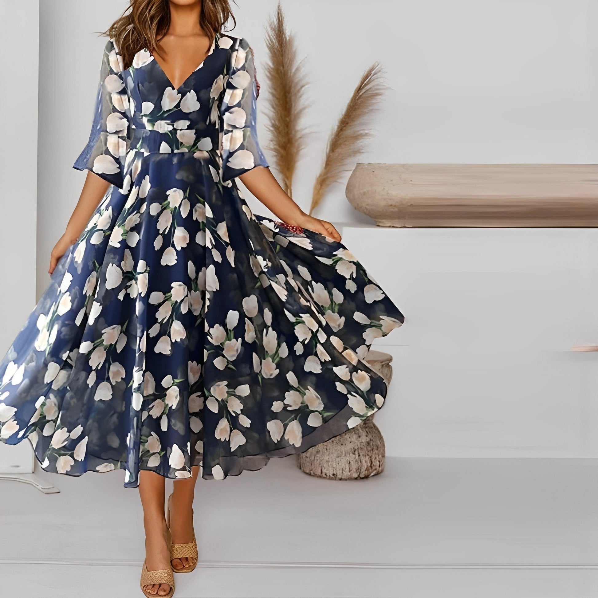 Merete - Plissiertes Blumenmuster Midikleid