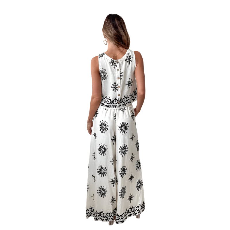 Amalie - Todelt sæt med ærmeløs top og højtaljede, vide bukser