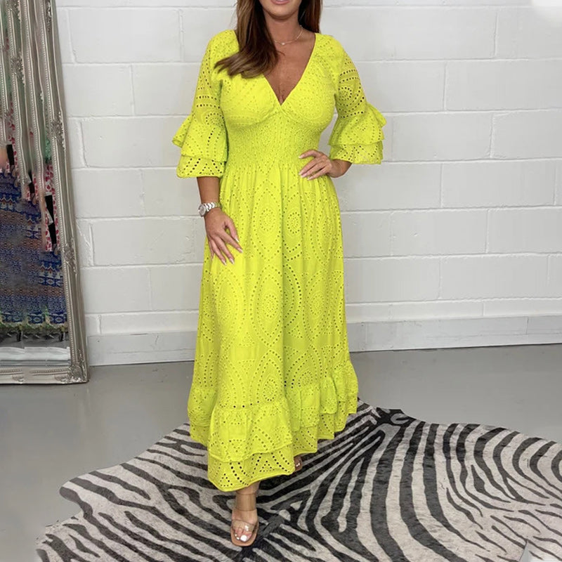 Rebecca - Vestido midi bordado con mangas con volantes