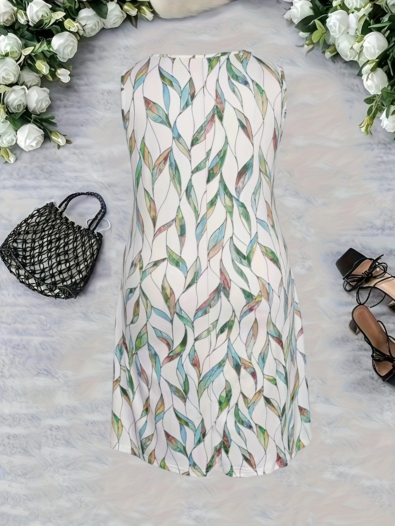Nora Modern Leaf Design Ærmeløs Kjole til Kvinder