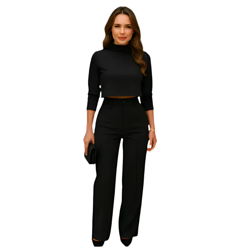 Eva - Moderne todelt sæt med højkravetop og bukser med vide ben
