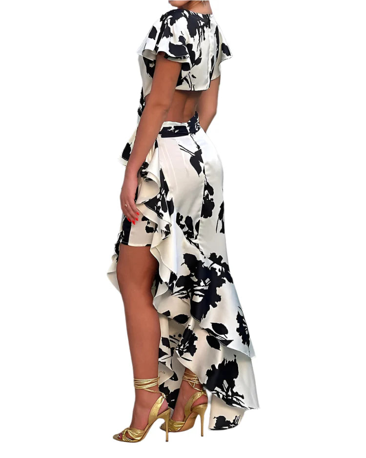 Marcy - Vestito stampato con scollo a V e maniche a volant