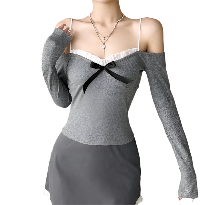 Belle - Conjunto de top con lazo y falda con volantes hombros descubiertos