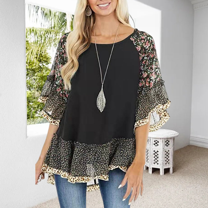 Clarissa - Camiseta con mangas medias, estampado de leopardo en bloques de color en las mangas cortas