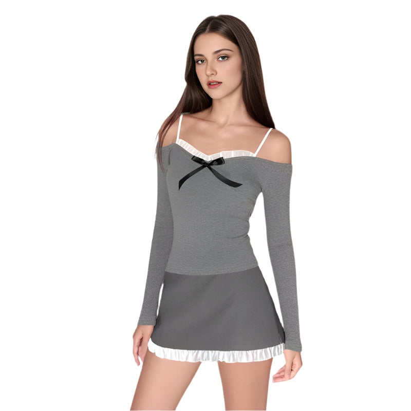 Belle - Conjunto de top con lazo y falda con volantes hombros descubiertos