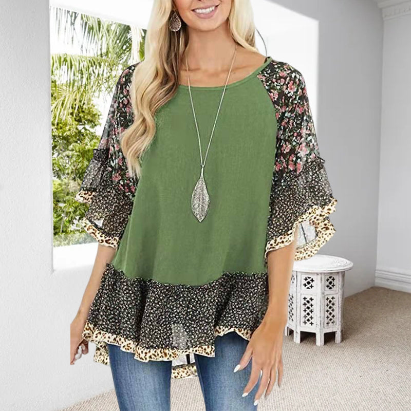 Clarissa - Camiseta con mangas medias, estampado de leopardo en bloques de color en las mangas cortas