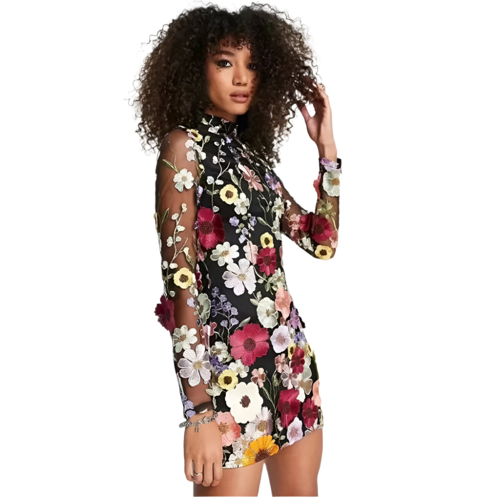 Dina - Elegantes Minikleid mit hohem Kragen und langen Ärmeln
