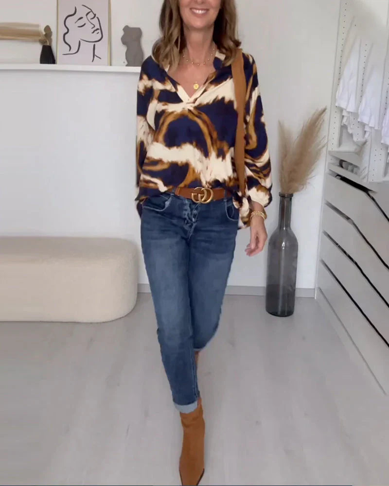 Elena Elegante blusa de mujer con escote en V y manga larga