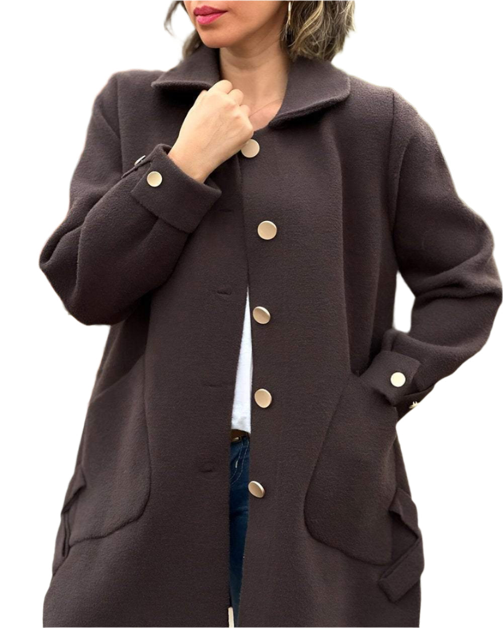 Clara chaqueta larga clásica para mujer con cierre de botones y bolsillos laterales