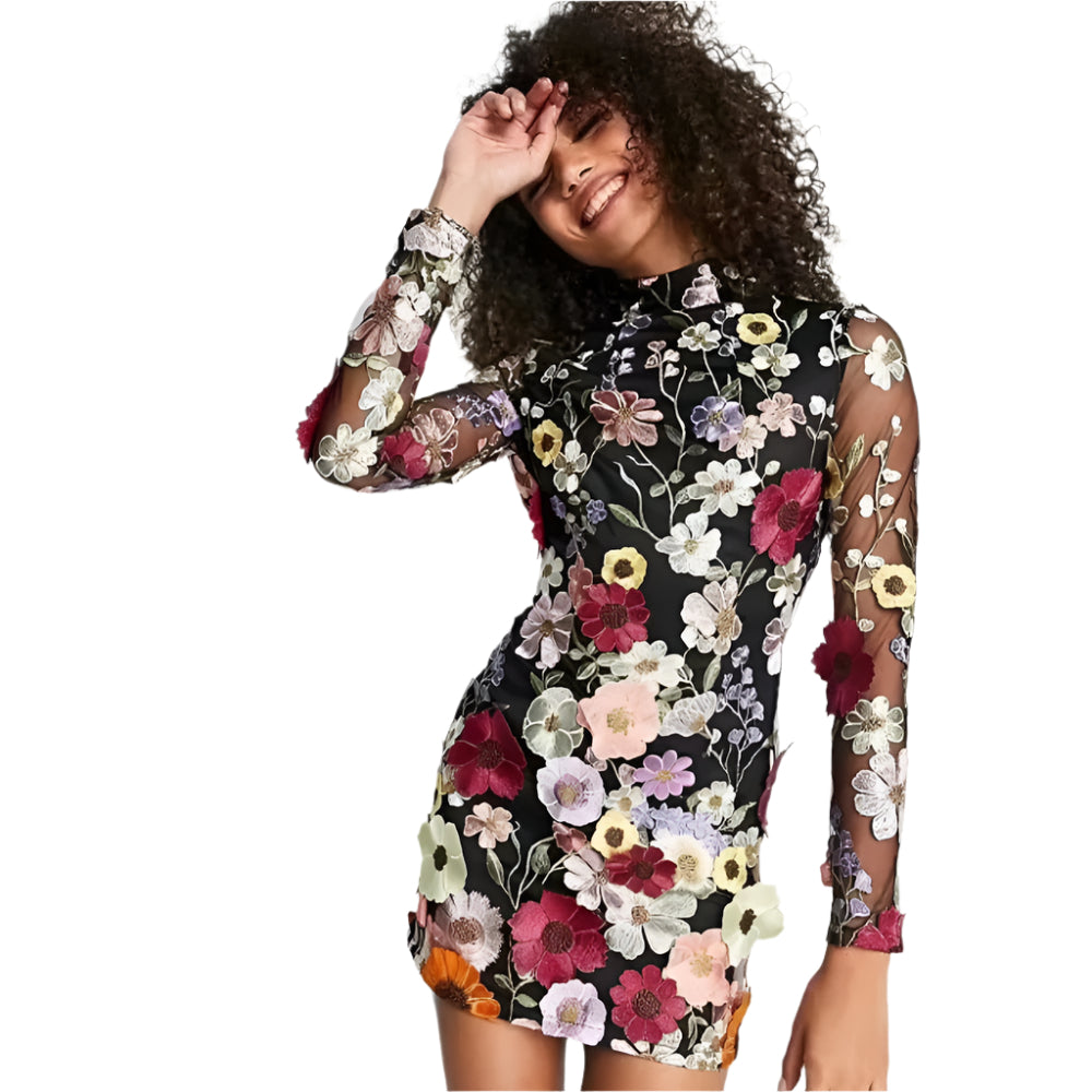 Dina - Elegantes Minikleid mit hohem Kragen und langen Ärmeln