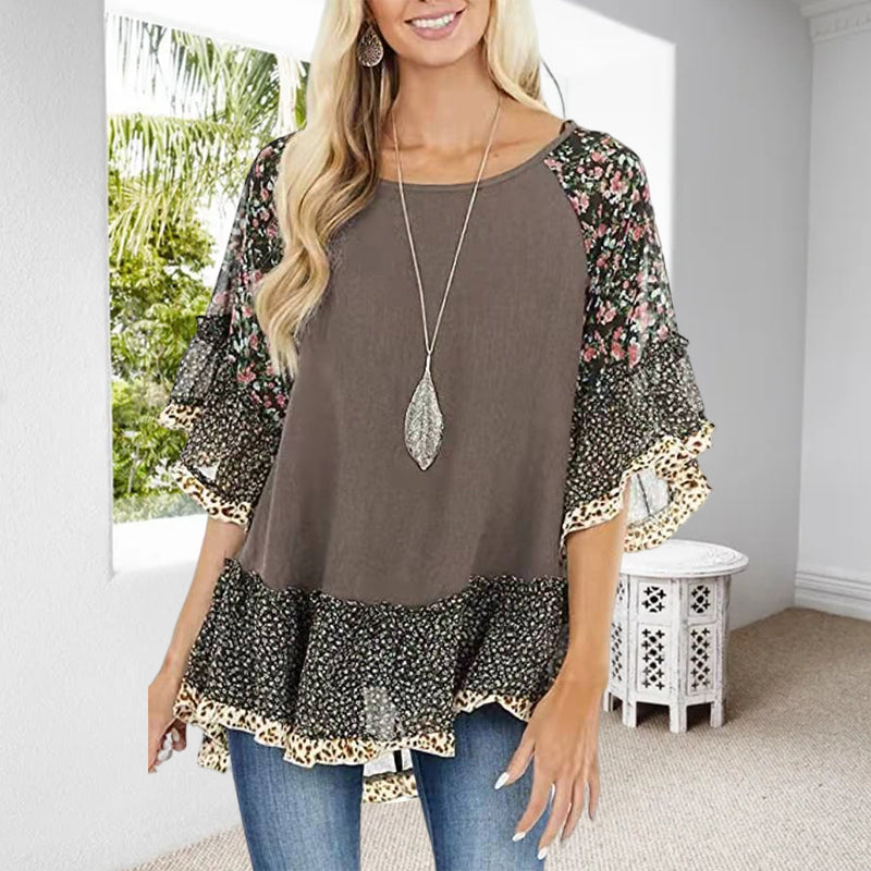 Clarissa - Camiseta con mangas medias, estampado de leopardo en bloques de color en las mangas cortas