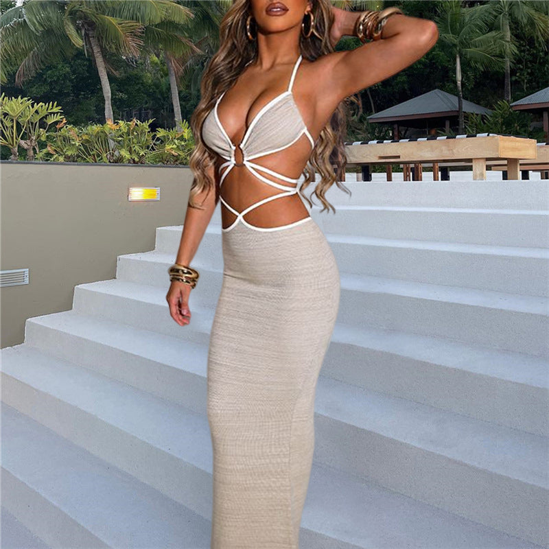 Lucy - Sexy conjunto de vestido halter con lazo y espalda cruzada de 2 piezas