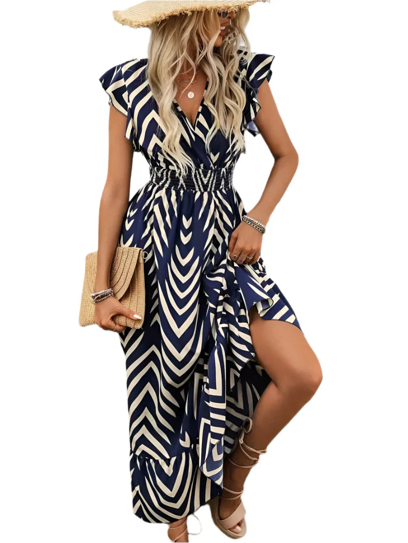 Alfrida - Geometrisches Maxikleid mit V-Ausschnitt