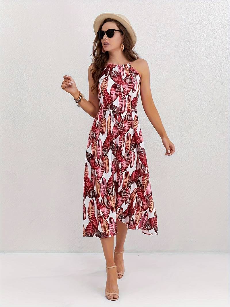 Esther - Vestido de playa con tirantes al cuello y estampado de hojas