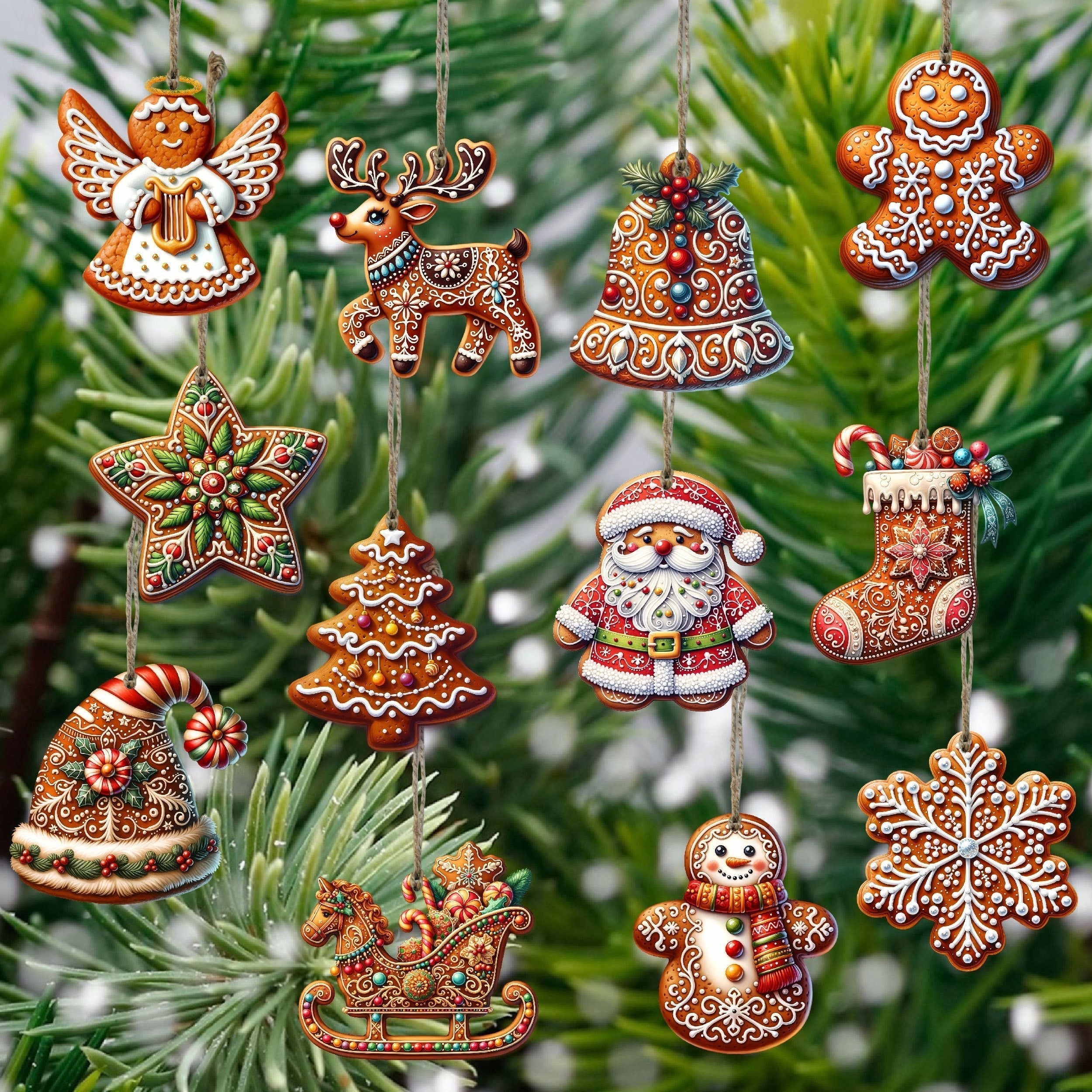 12 Stück handgefertigte Holz-Weihnachtsanhänger Set