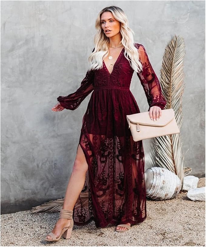 Olive - Vestido maxi elegante de manga larga con escote en V profundo