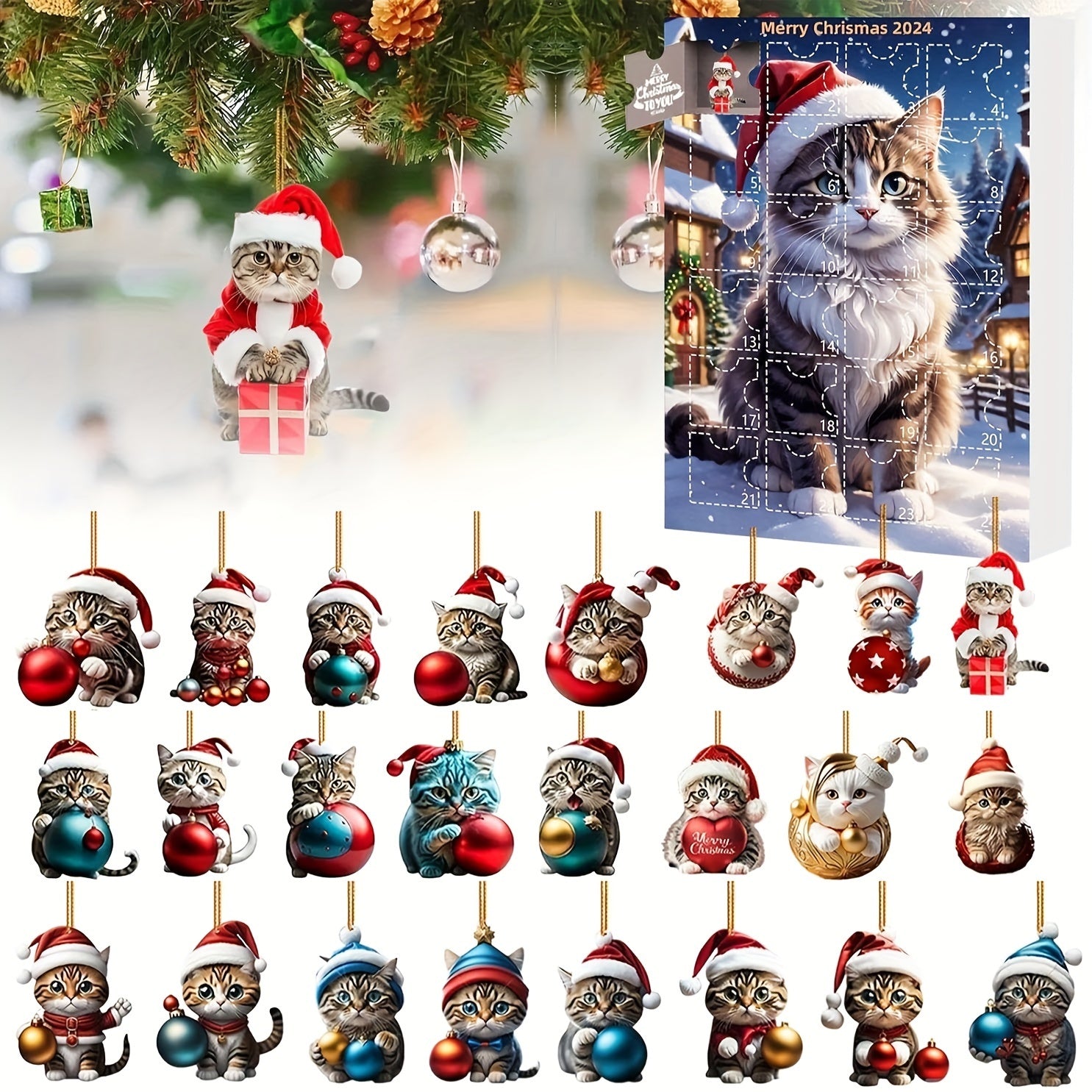 Vintage-Adventskalender mit Acryl-Katzenanhängern 2025, 24-tägiger Weihnachtscountdown für Katzenliebhaber
