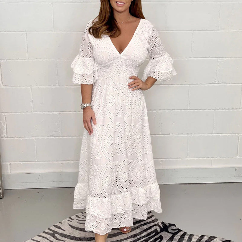 Rebecca - Vestido midi bordado con mangas con volantes