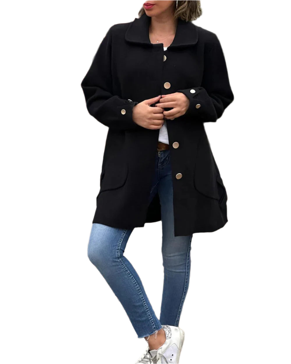 Clara chaqueta larga clásica para mujer con cierre de botones y bolsillos laterales