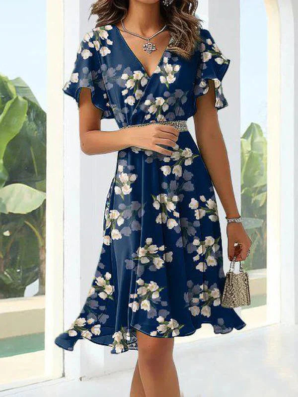Elsie – Kurzärmliges V-Ausschnitt Minikleid mit Blumenmuster