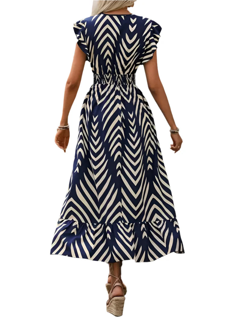 Alfrida - Geometrisches Maxikleid mit V-Ausschnitt