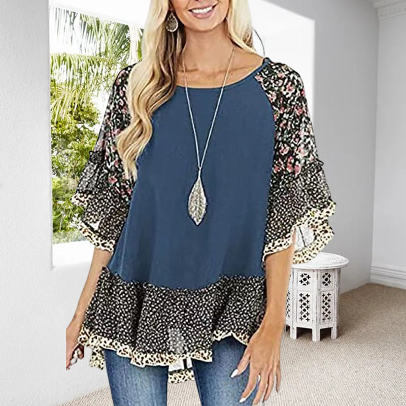 Clarissa - Camiseta con mangas medias, estampado de leopardo en bloques de color en las mangas cortas