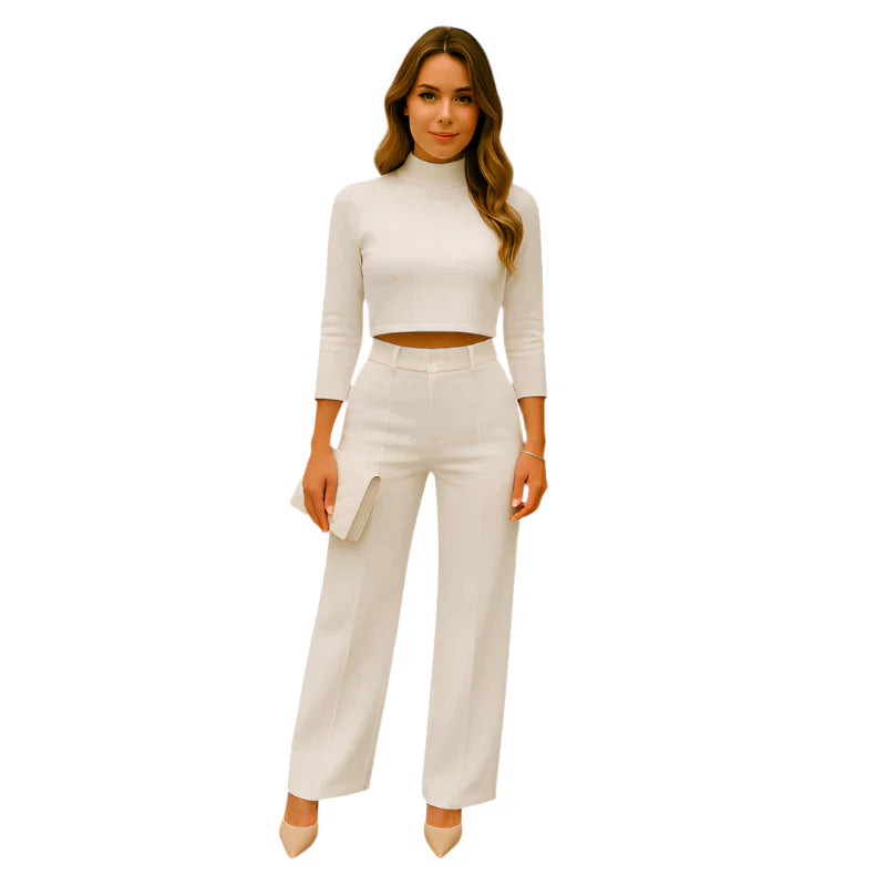 Eva - Moderne todelt sæt med højkravetop og bukser med vide ben